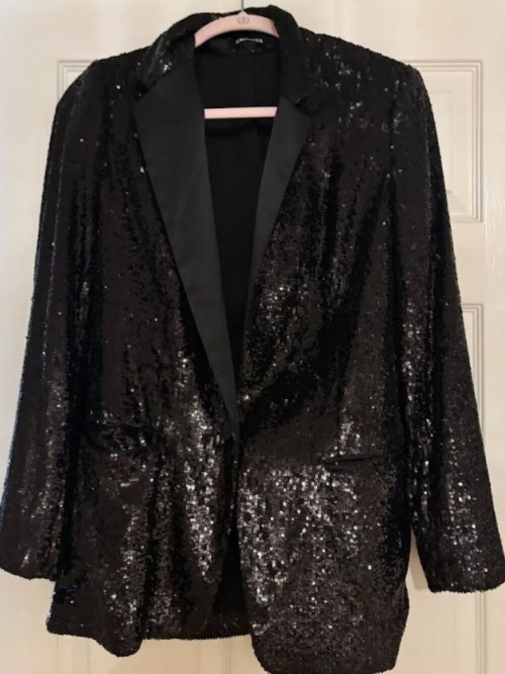 Express Black Sequin Bling Peak-Lapel Boyfriend Tuxedo Blazer with Satin Trim –